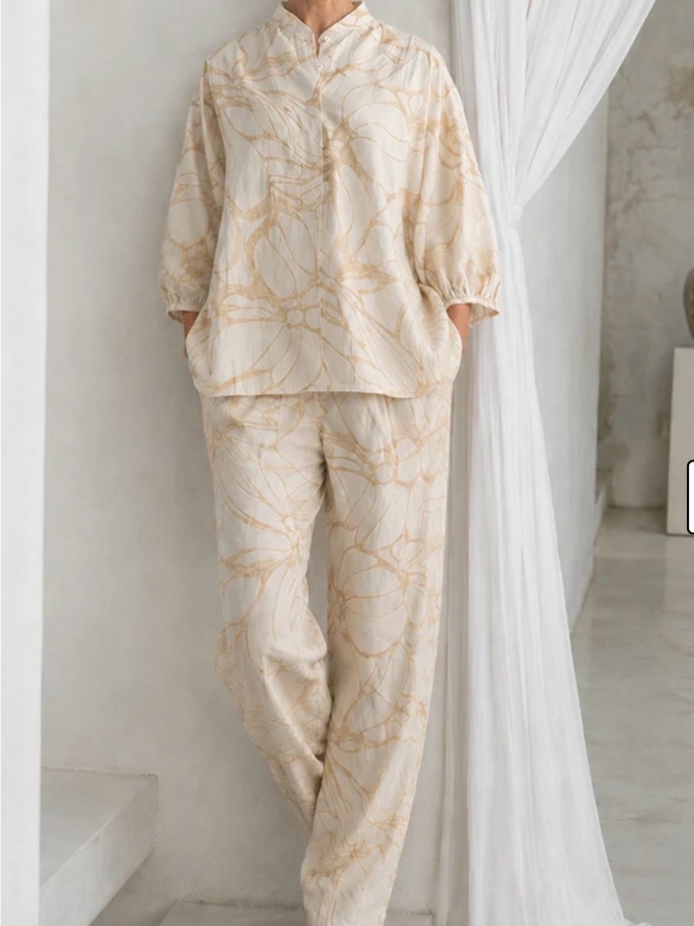 Summer Casual Print Linen Blend Blouse Pants Set